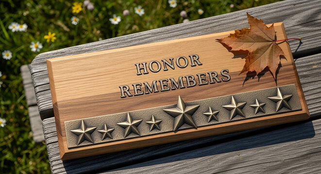 Honor Remembers wooden memorial plaque with embossed stars and autumn leaf on rustic bench, patriotic tribute for fallen soldiers, Memorial Day and Veterans Day commemoration.