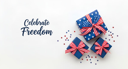 Obraz premium Celebrate Freedom patriotic greeting with blue gift boxes, red and white striped ribbons, and star patterns on white background; ideal for Memorial Day, 4th of July