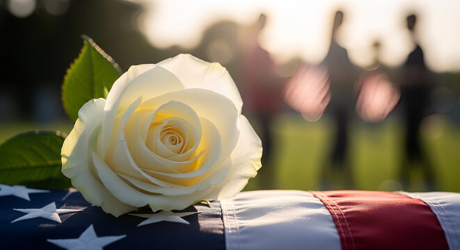 White rose on American flag during military funeral service, blurred mourners in background, Veterans Day tribute, Memorial Day remembrance, honor and sacrifice concept.