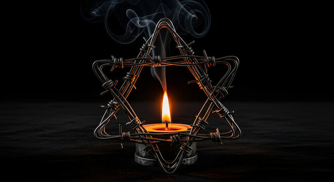 Barbed wire Star of David encircling a glowing memorial candle with rising smoke, symbolic of Holocaust remembrance, Yom HaShoah, Jewish history, and somber mourning.
