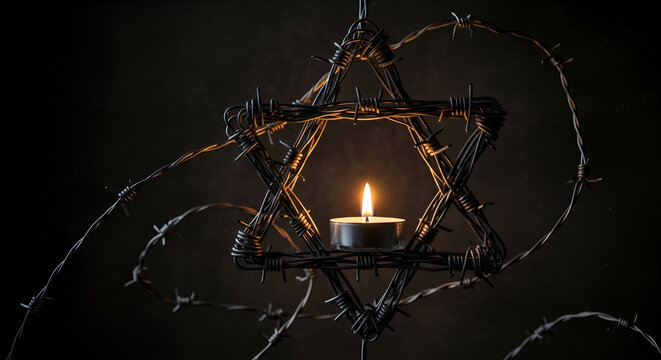 Barbed wire Star of David with glowing memorial candle on dark background, Holocaust Remembrance Day concept, Jewish mourning and resilience, Yom HaShoah symbol, historical memory.