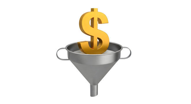 A shiny metal funnel with handles holds a large gold dollar sign.