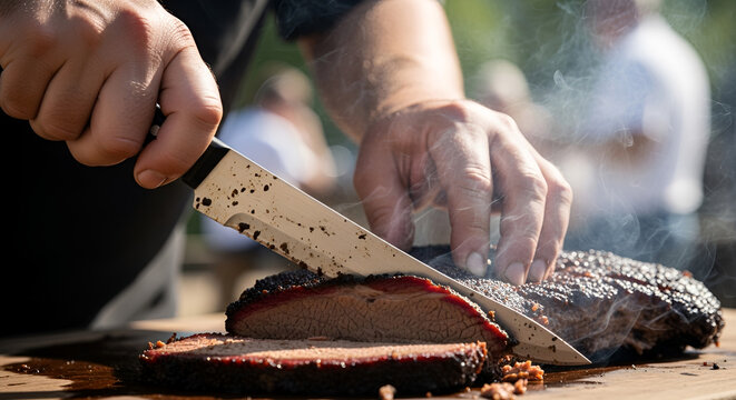 Smoked beef brisket being sliced with a sharp knife on a wooden board at an outdoor BBQ, juicy meat with pink smoke ring, traditional American barbecue, Memorial Day cookout.