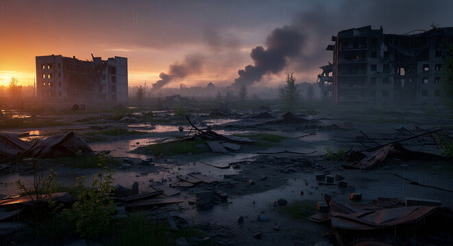 War-torn urban ruins at sunset with smoke plumes rising, desolate post-apocalyptic city landscape, rain falling on destroyed buildings, atmosphere of sorrow and sacrifice.