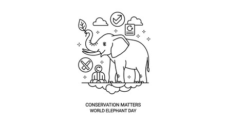 Obraz premium Line art illustration for World Elephant Day featuring a majestic elephant and conservation icons.