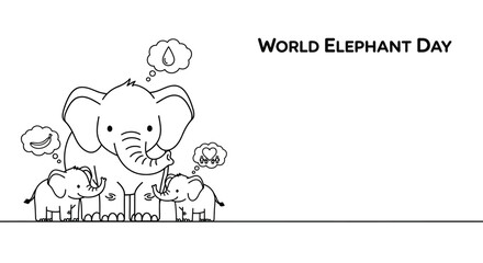 Cute cartoon elephant family line art illustration for World Elephant Day. © Eijaz_Rahmat