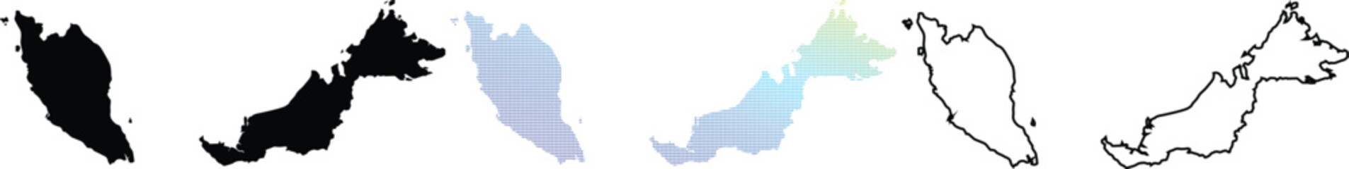 Naklejka premium Collection of Malaysia country map vector icons including solid black silhouette, blue gradient pixelated dot pattern, and thin line outline styles.