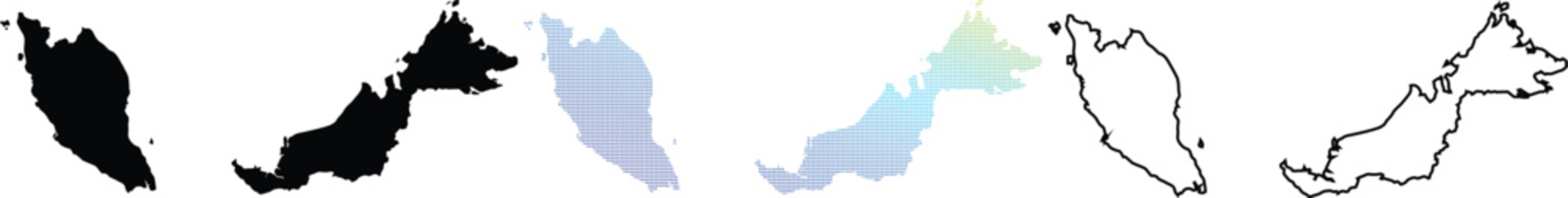 Collection of Malaysia country map vector icons including solid black silhouette, blue gradient pixelated dot pattern, and thin line outline styles.