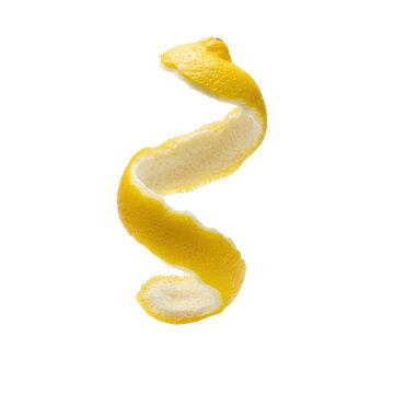 A single long lemon peel spiraling in mid-air against a transparent background, displaying textured bright yellow zest and crisp organic curls, fresh atmosphere