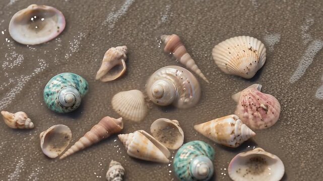 Variety of Colorful Natural Seashells Lying on Wet Sand at the Shoreline Representing Summer Memories and Marine Biodiversity
