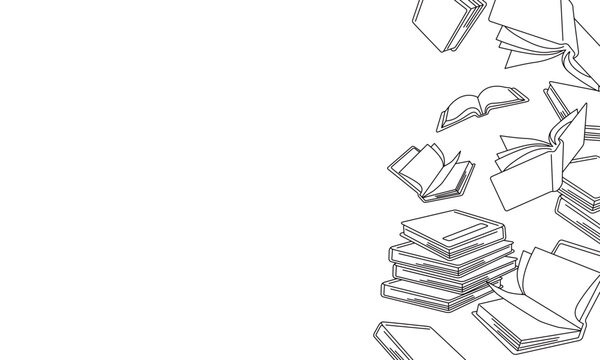本や書類が積み上がった白黒線画背景フレーム（左余白コピースペース）
