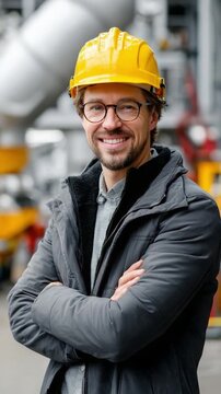 Engineering Elegance: A distinguished engineer, adorned with a hard hat, stands amidst an industrial landscape, embodying competence and vision. 