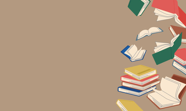 レトロな配色の本や書類が積み上がった背景フレーム（左余白コピースペース）