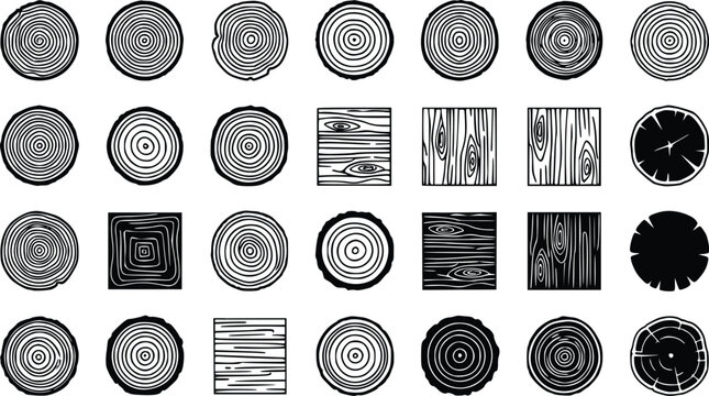 Various black and white wood grain patterns and tree ring designs on a white background for use in design and decoration