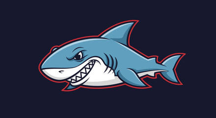 Fototapeta premium Cartoon shark illustration on dark blue background with red outline graphic