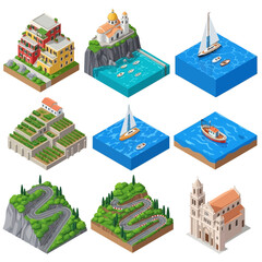 Isometric 3D sailboats and buildings situated near roads and farmlands on landscapes © John