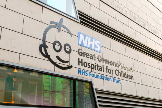 London. UK- April 16.2026. A close up of the name sign and symbol of the Great Ormond Street Hospital for Children.