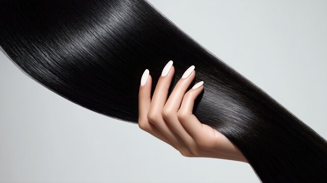 艶やかで滑らかな黒髪の美しさ。ヘアケアや美容関連の素材に最適なイメージ。