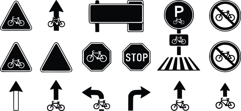 Bicycle traffic signs and symbols for road and bike lane navigation guidance
