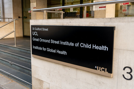 London. UK- April 16.2026. The UCL Great Ormond Street Institute of Child Health and Institute for Global Health name sign.