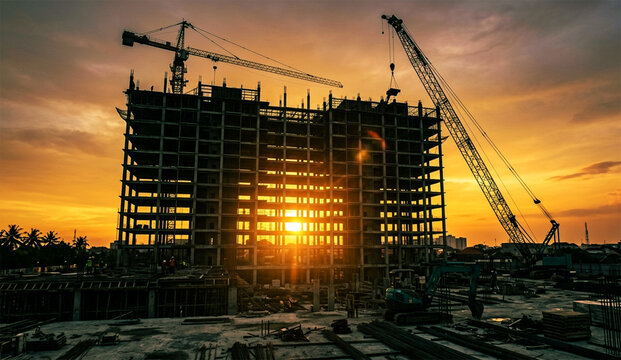 Silhouetted construction site with steel frame building and cranes at sunset