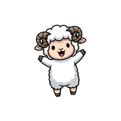 Fototapeta premium Cute chibi ram character with fluffy white wool and curved brown horns standing in a happy waving pose. Vector mascot illustration of a baby sheep with a cheerful smile on a white background.