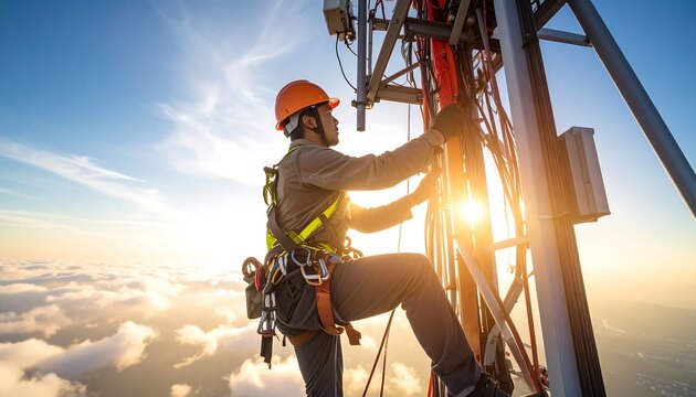 Worker climbs a telecom tower against a blue sky and clouds, safety harness on