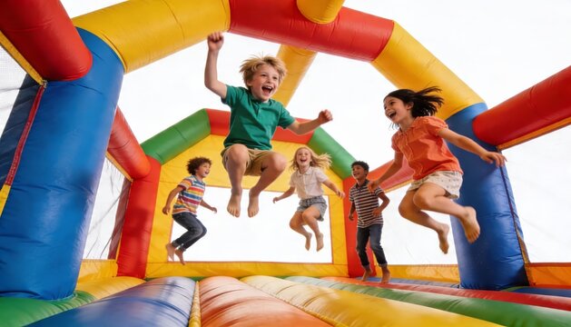 Inflatable bounce house with children jumping inside from diagonal angle with rich color