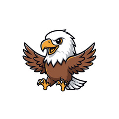 Fototapeta premium Vector illustration of a cute bald eagle mascot character in a chibi style, featuring a white head, yellow beak, and brown wings spread wide on a plain white background.