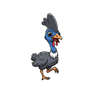 Chibi cassowary mascot character illustration with a blue neck, red wattles, and black casque. Cartoon flightless bird standing isolated on a white background in a friendly pose.