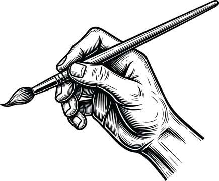 Vintage Engraving Illustration of a Hand Holding an Artist Paintbrush for Creative Studio Logos Fine Art Education and Craft Workshop Graphic Design