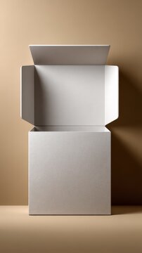 Open empty box showcasing minimalist design on a neutral backdrop. Mock-up packaging product for social media, website hero images, and quick design iterations.
