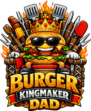 Cartoon burger character wearing a golden crown and sunglasses, sitting on a throne of BBQ tools and meat. Text "Burger Kingmaker Dad" in bold colorful fonts. Funny Father's Day grill king design.