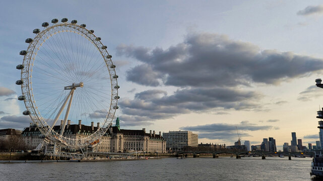 London, United Kingdom; 14th February 2026: View of the London Eye Ferris wheel along the River Thames