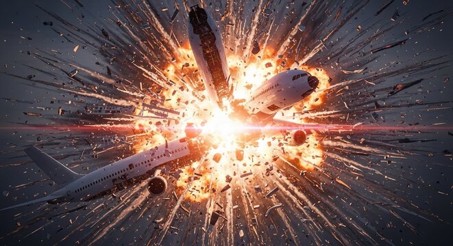 Airplane crash explosion with debris and fire