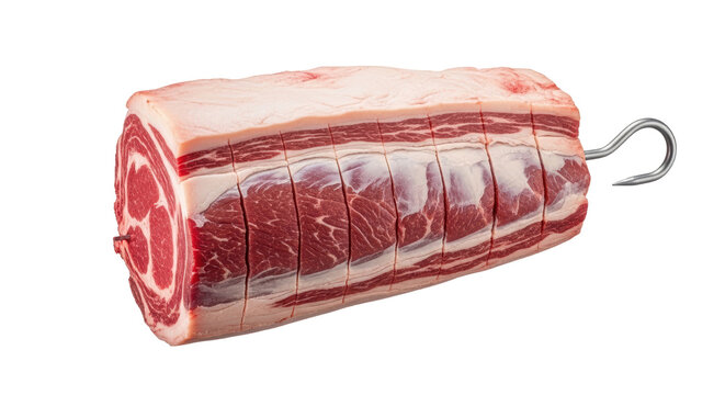 Raw pork belly roll tied with butcher string, fresh pancetta meat with metal hook, gourmet slab of marbled bacon for roasting and culinary preparation isolated PNG with Transparent Background
