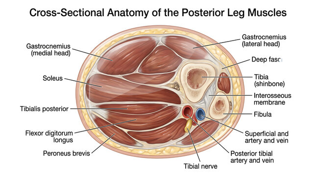 Cross‑sectional anatomy of the posterior leg muscles depicting gastrocnemius, soleus, tibialis posterior, flexor digitorum longus, peroneus brevis, tibia, fibula, interosseous membrane, tibial nerve a