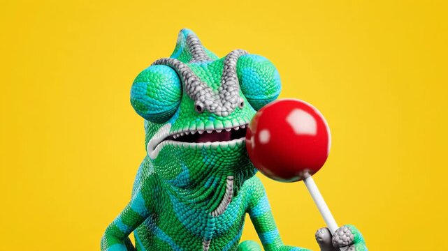 Minimalist Animation of a Chameleon Head Licking a Lollipop on a Yellow Background