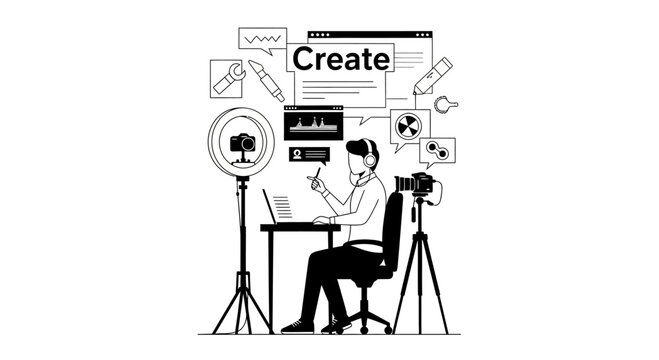 Content Creator Working Remotely with Technology and Equipment.