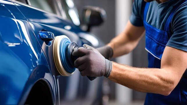 Professional car detailer carefully polishing the shiny blue paintwork of a modern vehicle using an orbital buffer in a specialized auto body shop for restoration and protection