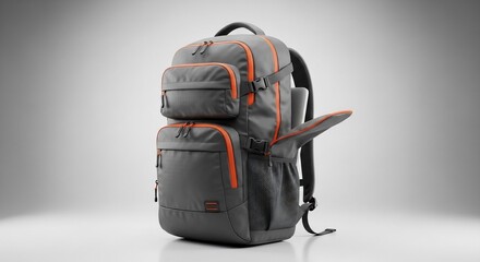Naklejka premium Gray backpack with orange accents on a white background