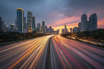Fototapeta premium Long exposure city highway at sunset with vibrant light trails from fast moving vehicles, surrounded by modern skyscraper buildings and urban landscape under colorful sky