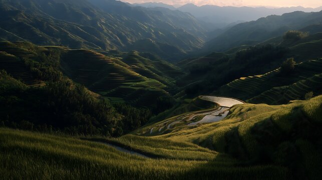 Terraced rice paddies in green and golden layers across rolling valley hills