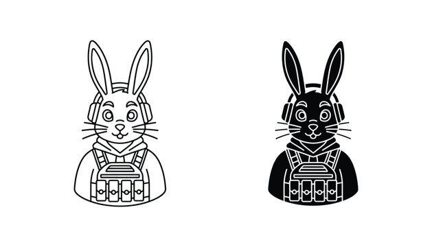 Tactical bunny character wearing headset and chest rig in outline and solid black silhouette vector format for gaming mascot design