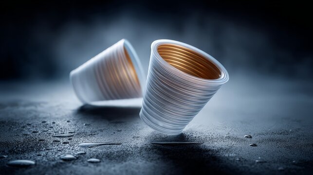 Two stacked plastic cups on a wet surface with dramatic lighting.