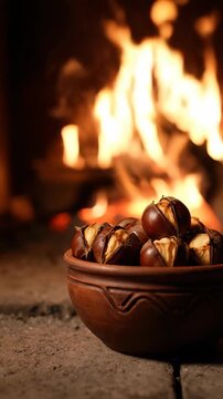 Roasted chestnuts in bowl near fireplace. Warm winter holiday atmosphere.