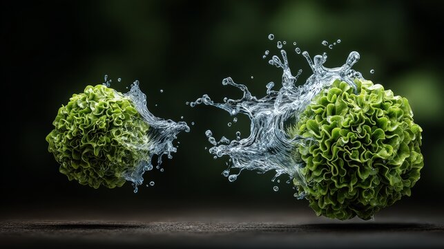 Vibrant green cell-like structures splashed with water droplets.