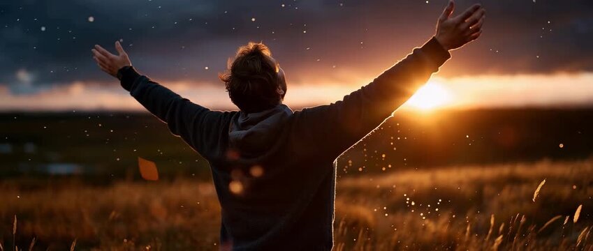 Happy man raising hands in golden sunset field, freedom and success concept, emotional lifestyle scene, warm sunlight, personal achievement, motivation, positive energy and inspiration background with