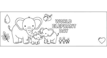 World Elephant Day Coloring Page with Cute Elephant Family. © Camilia_Deena