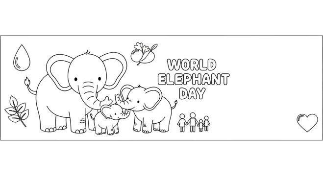 World Elephant Day Coloring Page with Cute Elephant Family.